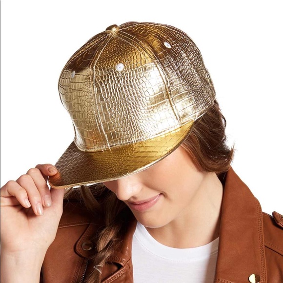 NWT Steve Madden Gold Croc Embossed Flat Brim Cap - Picture 2 of 5